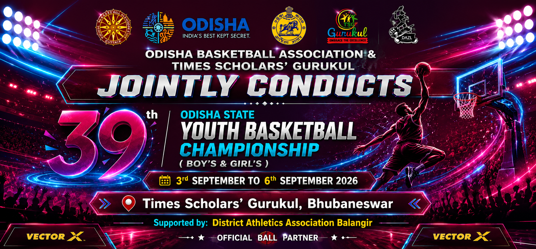 39th Odisha State Youth Basketball Championship 2026 — Revised Dates 3–6 September 2026 — Times Scholars' Gurukul, Bhubaneswar